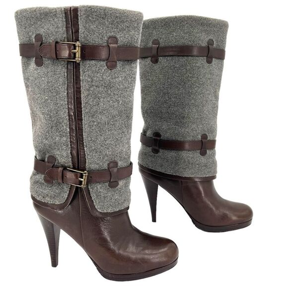Cole Haan Air Kennedy Buckle Belted Dark Brown Leather Grey Felt Wool Boots 8.5 - Picture 1 of 15